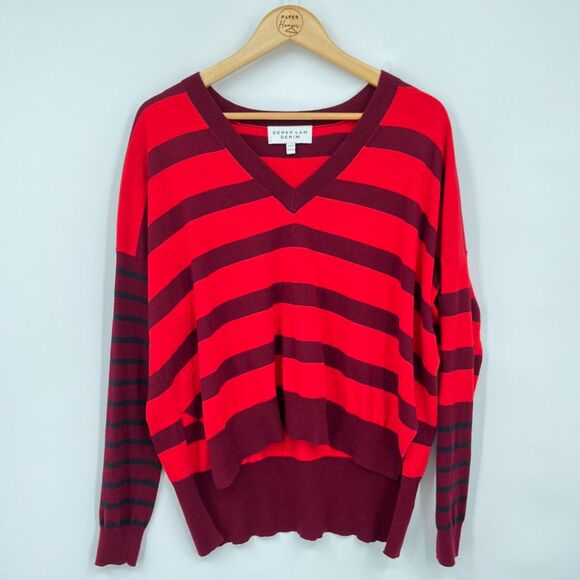 Derek Lam Striped V-neck Sweater in Red, Size XS, Hi-Low Cotton Cashmere - Picture 2 of 11